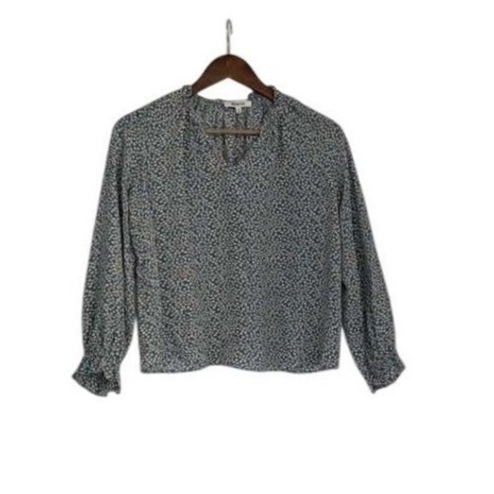 Madewell 100% Silk Ruffle Sleeve Blouse NWOT Fits S/M Blue Beige‎ Ditsy Floral - Picture 2 of 12